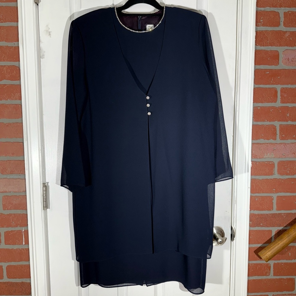 After Dark Elegant Deep Black Midi Dress Sz 14 Rhinestone Accent Detachable Cape